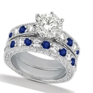 Diamond and Blue Sapphire Vintage Bridal Set 14k White Gold 2.80ct - All