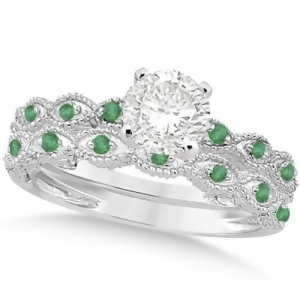Vintage Diamond and Emerald Bridal Set 14k White Gold 1.20ct - All