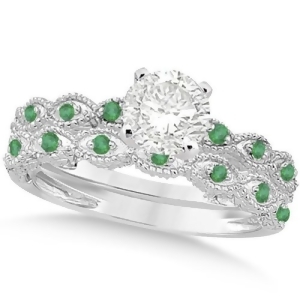 Vintage Diamond and Emerald Bridal Set 14k White Gold 0.70ct - All