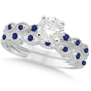 Vintage Diamond and Blue Sapphire Bridal Set 14k White Gold 0.70ct - All