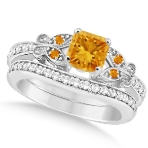 Butterfly Citrine and Diamond Princess Bridal Set 14k White Gold 1.55ct - All