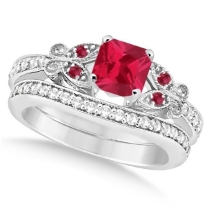 Butterfly Ruby and Diamond Princess Bridal Set 14k White Gold 1.53ctw - All