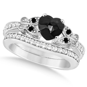 Butterfly Black and White Diamond Heart Bridal Set 14k W Gold 1.49ct - All