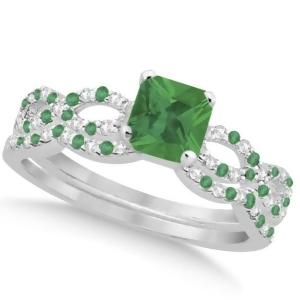 Emerald and Diamond Princess Infinity Bridal Set 14k White Gold 1.45ct - All