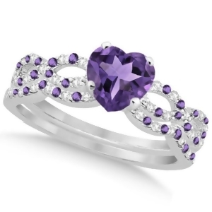 Amethyst and Diamond Heart Infinity Style Bridal Set 14k W Gold 1.74ct - All