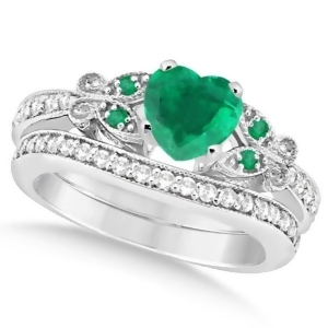 Butterfly Genuine Emerald and Diamond Heart Bridal Set 14k Gold 1.53ct - All
