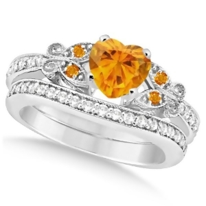 Butterfly Genuine Citrine and Diamond Heart Bridal Set 14k W Gold 1.55ct - All