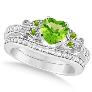 Butterfly Genuine Peridot and Diamond Heart Bridal Set 14k W Gold 1.53ct - All