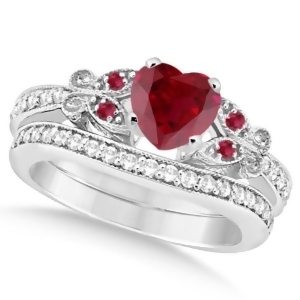 Butterfly Genuine Ruby and Diamond Heart Bridal Set 14k W. Gold 1.53ct - All