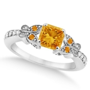 Butterfly Citrine and Diamond Princess Engagement Ring 14k W Gold 1.33ct - All