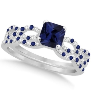 Blue Sapphire and Diamond Princess Infinity Bridal Set 14k W Gold 1.74ct - All