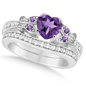 Butterfly Amethyst and Diamond Heart Bridal Set 14k White Gold 1.55ct - All