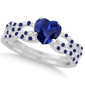 Blue Sapphire and Diamond Heart Infinity Bridal Set 14k W. Gold 1.74ct - All