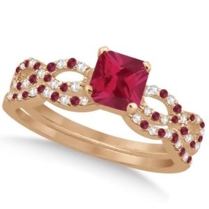 Ruby and Diamond Princess Infinity Heart Bridal Set 14k Rose Gold 1.75ct - All