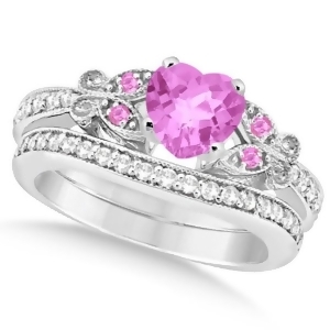 Butterfly Pink Sapphire and Diamond Heart Bridal Set 14k W Gold 1.55ct - All