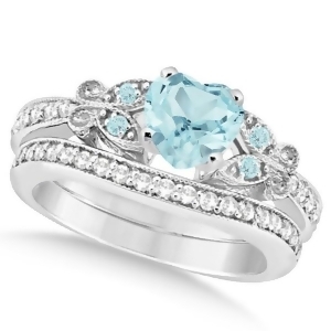 Butterfly Aquamarine and Diamond Heart Bridal Set 14k White Gold 1.55ct - All