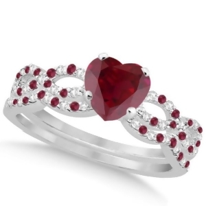 Ruby and Diamond Heart Infinity Style Bridal Set 14k White Gold 1.74ct - All