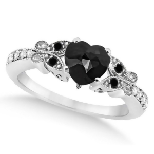Butterfly Black and White Diamond Heart Engagement Ring 14K W Gold 1.3ct - All