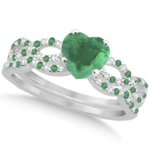 Emerald and Diamond Heart Infinity Style Bridal Set 14k W Gold 1.45ct - All