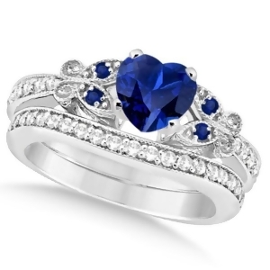 Butterfly Blue Sapphire and Diamond Heart Bridal Set 14k W Gold 1.55ct - All