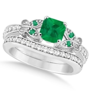 Butterfly Emerald and Diamond Princess Bridal Set 14k White Gold 1.53ct - All
