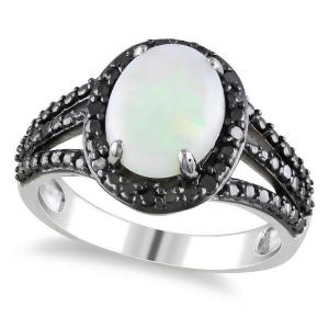 White Opal Black Diamond Halo Fashion Ring in Sterling Silver 1.76ct - All