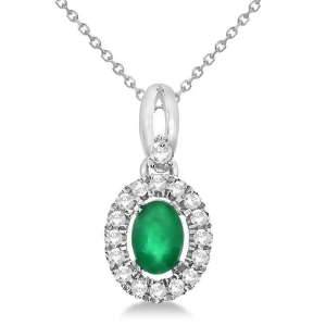 Oval Emerald and Diamond Halo Pendant Necklace in 14k White Gold 0.61ct - All