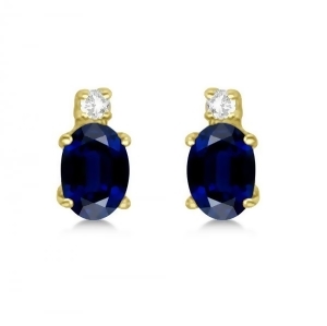Oval Blue Sapphire Stud Earrings with Diamonds 14k Yellow Gold 0.43ct - All