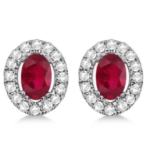 Oval Ruby and Diamond Earrings Halo Style Studs 14k White Gold 1.52ct - All