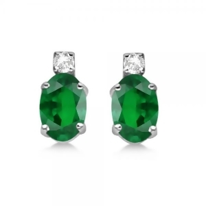 Oval Emerald Stud Earrings with Diamonds 14k White Gold 0.43ct - All