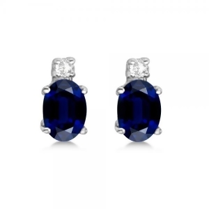 Oval Blue Sapphire Stud Earrings with Diamonds 14k White Gold 0.43ct - All
