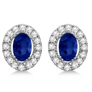 Oval Sapphire and Diamond Earrings Halo Studs 14k White Gold 1.52ct - All