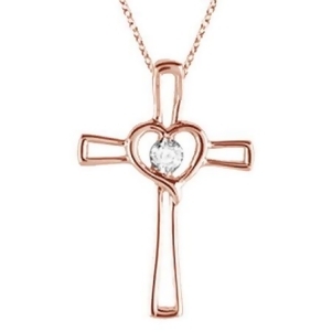 Diamond Heart on Cross Pendant Fancy Necklace in 14k Rose Gold - All