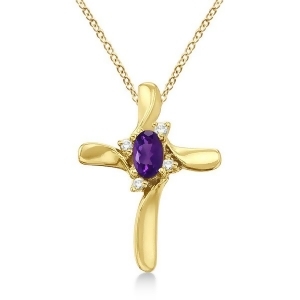 Amethyst and Diamond Cross Necklace Pendant 14k Yellow Gold - All