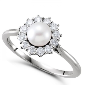 Freshwater Pearl and Diamond Halo Ring 14k White Gold 5.50-6mm 0.33ct - All