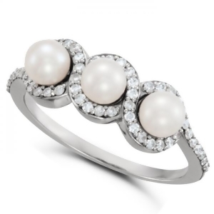 Freshwater 3 Pearl Ring with Diamond Halo 14k White Gold 4.5mm 0.25ct - All