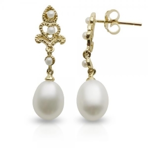 Antique Style Freshwater Pearl Dangle Earrings 14k Yellow Gold 7-7.5mm - All