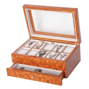 Burlwood Oak Finish Wooden Watch Jewelry Box. 10 Removable Cushions - All
