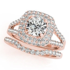 Split Shank Square Halo Diamond Bridal Set in 14k Rose Gold 2.17ct - All