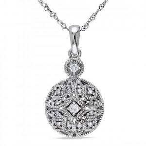 Vintage Pave Set Diamond Pendant Necklace in 14k White Gold 0.12ct - All