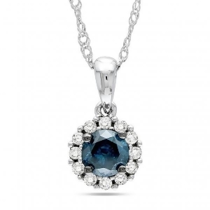 Blue and White Diamond Halo Pendant Necklace 14k White Gold 0.50ct - All