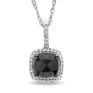 Black and White Diamond Square Halo Pendant Necklace 14k White Gold 1ct - All