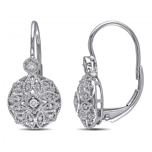 Vintage Style Leverback Diamond Earrings Floral 14k White Gold 0.15ct - All