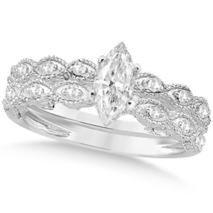 Marquise Antique Style Diamond Bridal Set in 14k White Gold 0.58ct - All