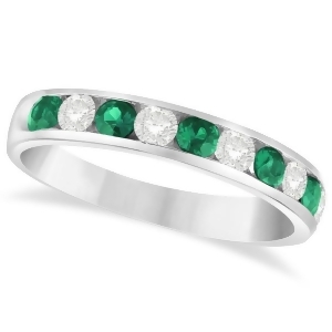 Channel Set Emerald and Diamond Ring Band in 14k White Gold 0.79ctw - All