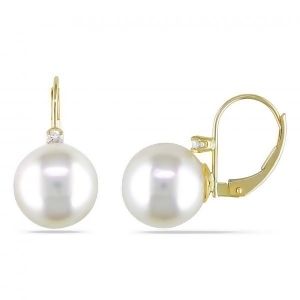 Freshwater Pearl and Diamond Leverback Earrings 14k Y. Gold 9-9.5mm - All