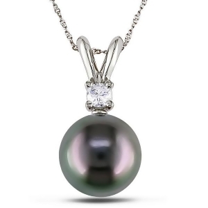 Black Tahitian Pearl and Diamond Pendant Necklace 14k White Gold 8-9mm - All