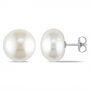 Cultured Freshwater Button Pearl Stud Earrings 14k White Gold 13-14mm - All