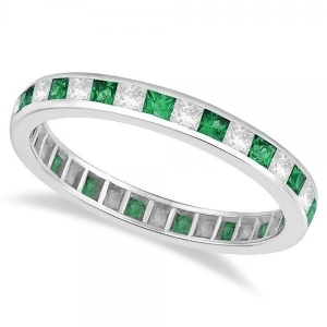 Princess-cut Emerald and Diamond Eternity Ring 14k White Gold 1.26ct - All