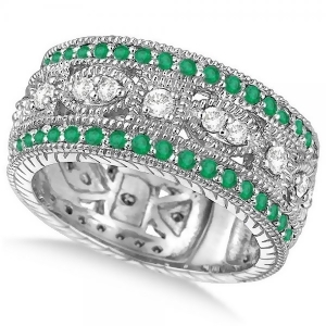 Vintage Style Byzantine Diamond and Emerald Ring 14k White Gold 1.37ct - All